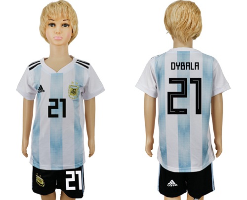 2018 World Cup Argentina #21 Dybala Home Kid Soccer Country Jersey