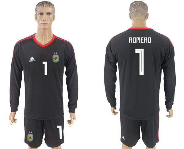 2018 World Cup Men Argentina #1 Romero Home Long Sleeves Black Soccer Country Jersey