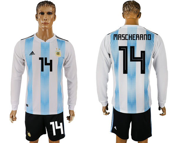 2018 World Cup Men Argentina #14 Mascherano Home Long Sleeves Soccer Country Jersey