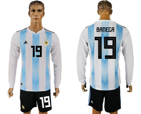 2018 World Cup Men Argentina #19 Banega Home Long Sleeves Soccer Country Jersey