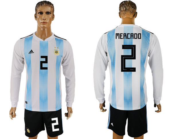 2018 World Cup Men Argentina #2 Mercado Home Long Sleeves Soccer Country Jersey