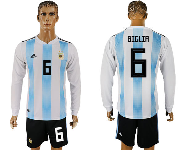 2018 World Cup Men Argentina #6 Biglia Home Long Sleeves Soccer Country Jersey