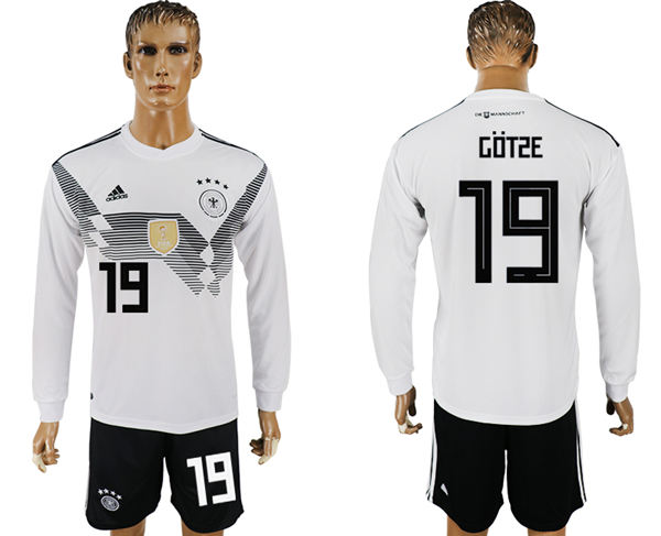 2018 World Cup Men Germany #19 Gotze White Home Long Sleeves Soccer Country Jersey