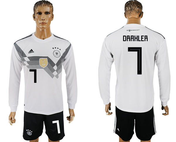 2018 World Cup Men Germany #7 Draxler White Home Long Sleeves Soccer Country Jersey