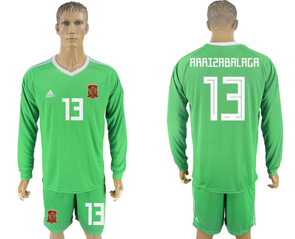 2018 World Cup Men Spain #13 Arrizabalaga Green Home Long Sleeves Soccer Country Jersey