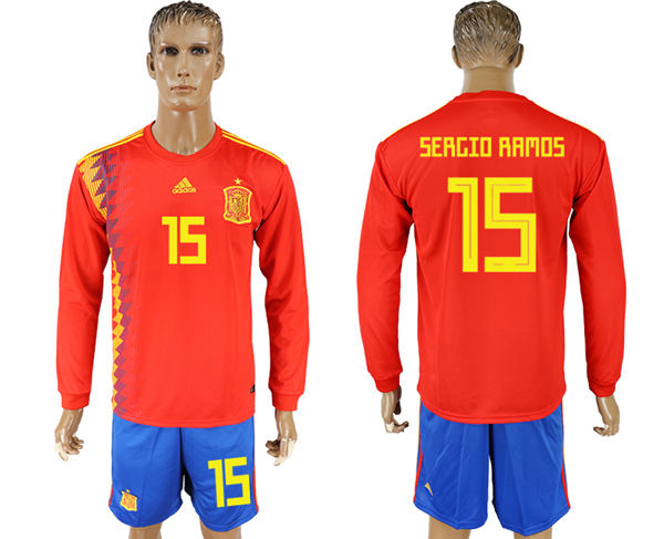 2018 World Cup Men Spain #15 Sergio Ramos Red Home Long Sleeves Soccer Country Jersey