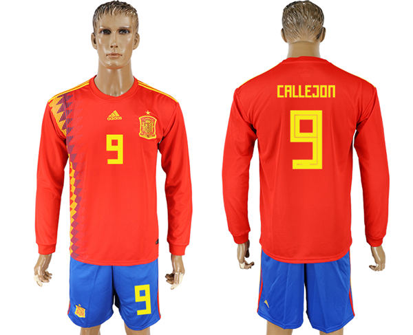 2018 World Cup Men Spain #9 Callejon Red Home Long Sleeves Soccer Country Jersey