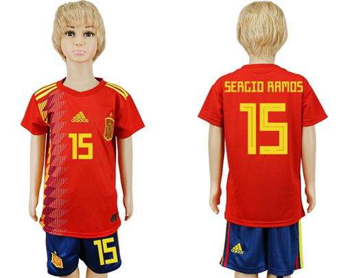 2018 World Cup Spain #15 Sergio Raoms Red Home Kid Soccer Country Jersey