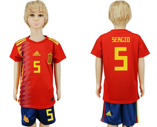 2018 World Cup Spain #5 Sergio Red Home Kid Soccer Country Jersey