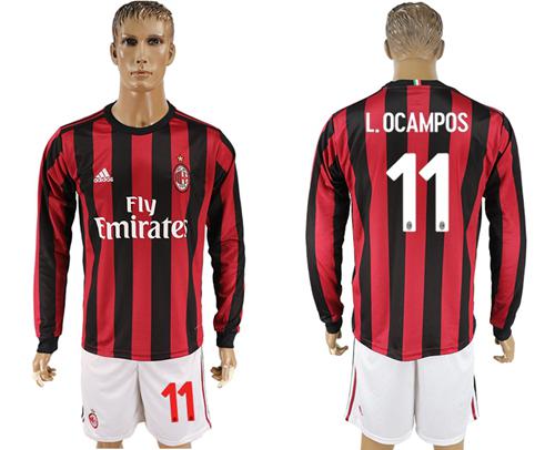AC Milan #11 L.Ocampos Home Long Sleeves Soccer Club Jersey AC Milan #11 L.Ocampos Home Long Sleeves Soccer Club Jersey