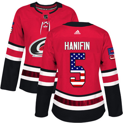 Adidas Hurricanes #5 Noah Hanifin Red Home Authentic USA Flag Women's Stitched NHL Jersey