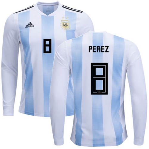 Argentina #8 Perez Home Long Sleeves Soccer Country Jersey Argentina #8 Perez Home Long Sleeves Soccer Country Jersey