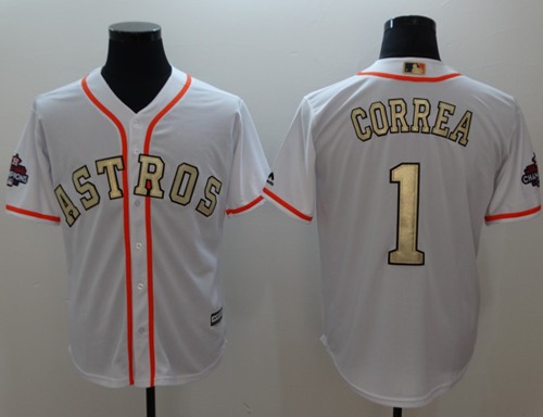 Astros #1 Carlos Correa White 2017 World Series Champions Gold Program Cool Base Stitched Baseball Jersey