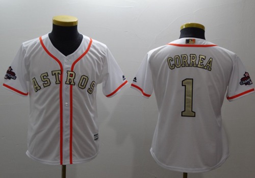 Astros #1 Carlos Correa White 2017 World Series Champions Gold Program Cool Base Stitched Youth Baseball Jersey