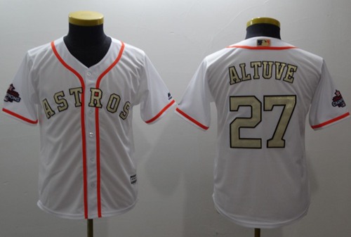 Astros #27 Jose Altuve White 2017 World Series Champions Gold Program Cool Base Stitched Youth Baseball Jersey
