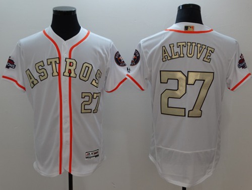 Astros #27 Jose Altuve White FlexBase Authentic 2017 World Series Champions Gold Program Stitched Baseball Jersey