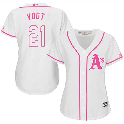 Athletics #21 Stephen Vogt White Pink Fashion Women's Stitched MLB Jersey