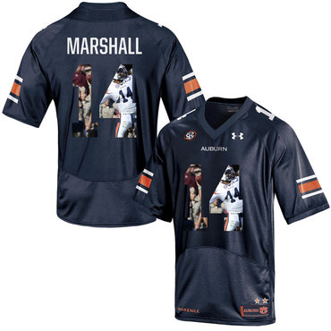 Auburn Tigers 14 Nick Marshall Navy With Portrait Print College Football Jersey2