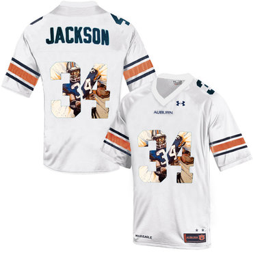 Auburn Tigers 34 Bo Jackson White With Portrait Print College Football Jersey3 Auburn Tigers 34 Bo Jackson White With Portrait Print College Football Jersey3