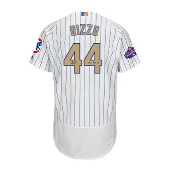 Autographed Chicago Cubs Anthony Rizzo Majestic White World Series Champions Gold Program Authentic Jersey with Fly the W Inscription