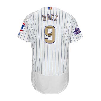 Autographed Chicago Cubs Javier Baez Majestic White World Series Champions Gold Program Authentic Jersey with 2016 WS Champs Inscription