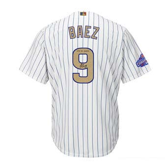Autographed Chicago Cubs Javier Baez Majestic White World Series Champions Gold Program Replica Jersey with 2016 WS Champs Inscription