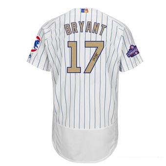 Autographed Chicago Cubs Kris Bryant Majestic White World Series Champions Gold Program Authentic Jersey