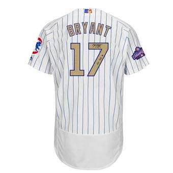 Autographed Chicago Cubs Kris Bryant Majestic White World Series Champions Gold Program Authentic Jersey with Fly the W Inscription
