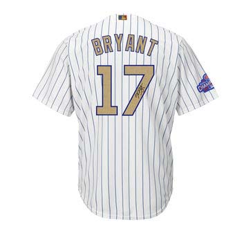 Autographed Chicago Cubs Kris Bryant Majestic White World Series Champions Gold Program Replica Jersey