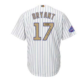 Autographed Chicago Cubs Kris Bryant Majestic White World Series Champions Gold Program Replica Jersey with 2016 WS Champs Inscription