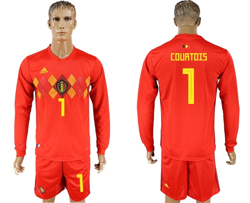 Belgium #1 Courtois Red Home Long Sleeves Soccer Country Jersey Belgium #1 Courtois Red Home Long Sleeves Soccer Country Jersey
