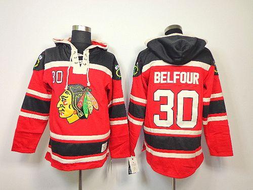 Youth Blackhawks #30 ED Belfour Red Sawyer Hooded Sweatshirt Stitched NHL Jersey