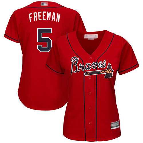 Braves #5 Freddie Freeman Red Alternate Women's Stitched Baseball Jersey Braves #5 Freddie Freeman Red Alternate Women's Stitched Baseball Jersey