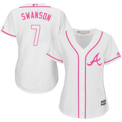 Braves #7 Dansby Swanson White Pink Fashion Women's Stitched MLB Jersey