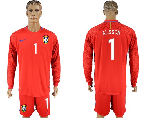 Brazil #1 Alisson Red Goalkeeper Long Sleeves Soccer Country Jersey Brazil #1 Alisson Red Goalkeeper Long Sleeves Soccer Country Jersey