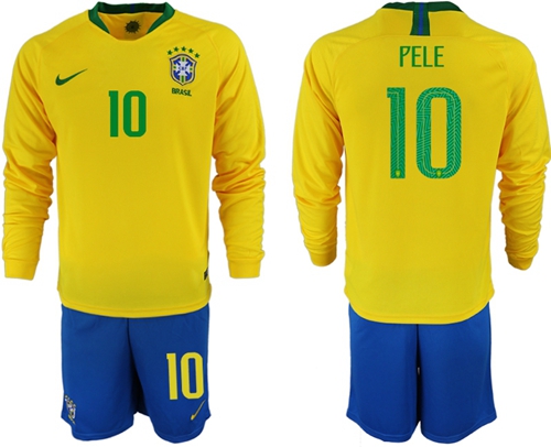 Brazil #10 Pele Home Long Sleeves Soccer Country Jersey