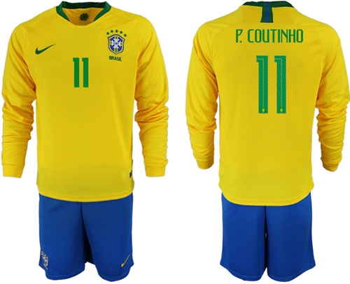 Brazil #11 P.Coutinho Home Long Sleeves Soccer Country Jersey