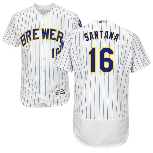 Brewers #16 Domingo Santana White Strip Flexbase Authentic Collection Stitched Baseball Jersey Brewers #16 Domingo Santana White Strip Flexbase Authentic Collection Stitched Baseball Jersey