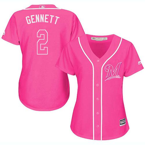 Brewers #2 Scooter Gennett Pink Fashion Women's Stitched MLB Jersey