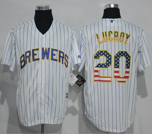 Brewers #20 Jonathan Lucroy White(Blue Strip) USA Flag Fashion Stitched MLB Jersey Brewers #20 Jonathan Lucroy White(Blue Strip) USA Flag Fashion Stitched MLB Jersey