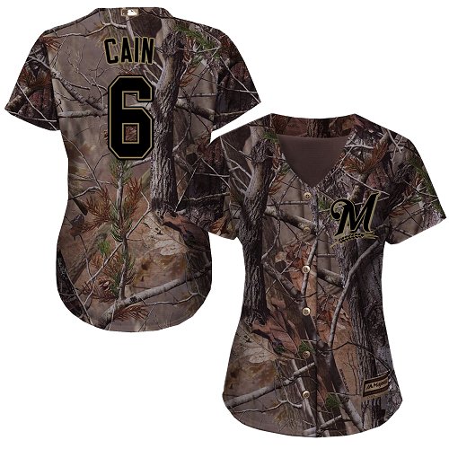 Brewers #6 Lorenzo Cain Camo Realtree Collection Cool Base Women's Stitched Baseball Jersey