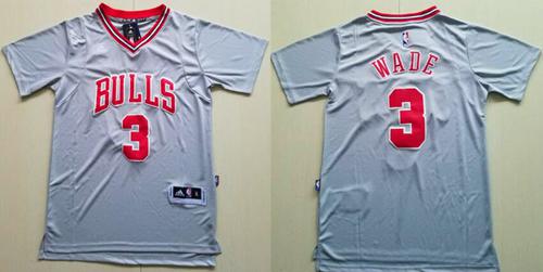Bulls #3 Dwyane Wade Grey Short Sleeve Stitched NBA Jersey