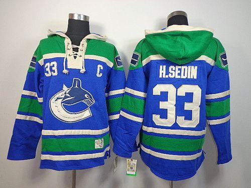 Youth Canucks #33 Henrik Sedin Blue Sawyer Hooded Sweatshirt Stitched NHL Jersey