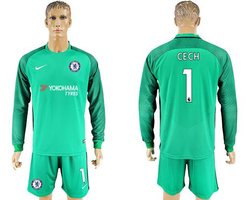 Chelsea #1 Cech Green Goalkeeper Long Sleeves Soccer Club Jersey Chelsea #1 Cech Green Goalkeeper Long Sleeves Soccer Club Jersey