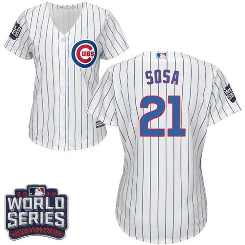 Cubs #21 Sammy Sosa White(Blue Strip) Home 2016 World Series Bound Women's Stitched MLB Jersey