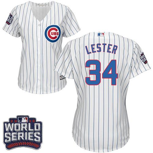 Cubs #34 Jon Lester White(Blue Strip) Home 2016 World Series Bound Women's Stitched MLB Jersey
