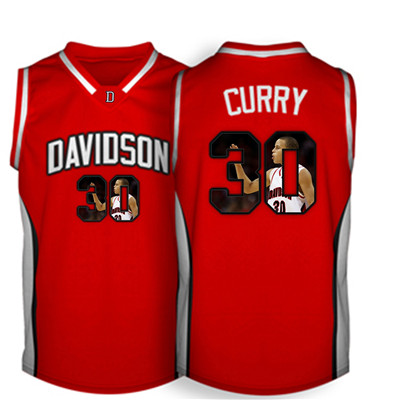 Davidson Wildcat 30 Stephen Curry Red With Portrait Print College Basketball Jersey2