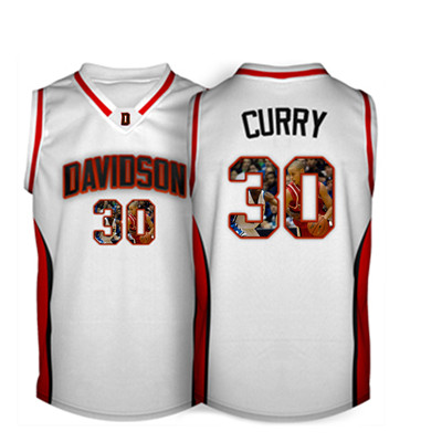Davidson Wildcat 30 Stephen Curry White With Portrait Print College Basketball Jersey5