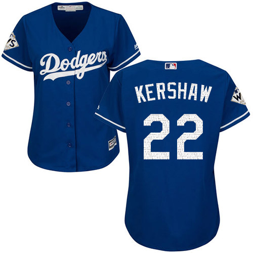 Dodgers #22 Clayton Kershaw Blue Alternate 2017 World Series Bound Women's Stitched MLB Jersey