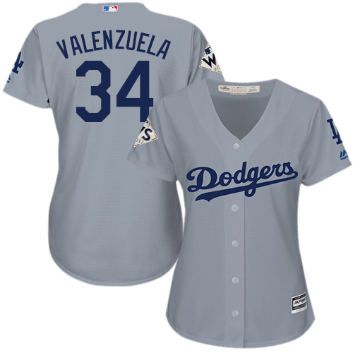Dodgers #34 Fernando Valenzuela Grey Alternate Road 2017 World Series Bound Women's Stitched MLB Jersey